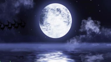 Noel Baba 'nın kızağı ve ren geyikleri ay ışığında orman animasyonunda uçuyor. Noel, Noel Baba, ay ışığı, şenlik, tatil, sihir