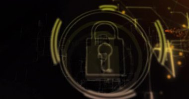 Dairesel çizgileri olan kilit sembolü, soyut dijital arkaplan üzerinde veri güvenlik animasyonu. Siber güvenlik, şifreleme, koruma, güvenlik, teknoloji, internet