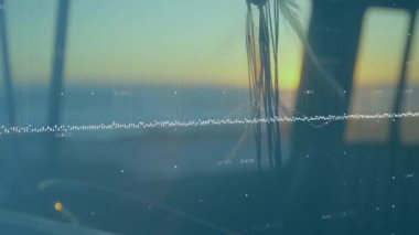 Gün batımı görüntüsünün üzerinde asılı duran dekorasyonla veri canlandırma animasyonu. infographic, twilight, evening, technology, digital, graphic