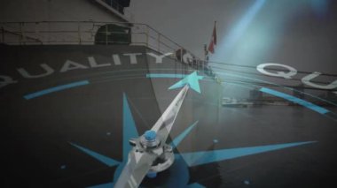 Pusula limana yanaşmış geminin üzerindeki nicelik animasyonunu gösteriyor. Navigasyon, yön, rehberlik, yolculuk, denizcilik, kalite güvencesi