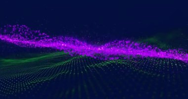 Mor ve yeşil parçacık dalgaları koyu arkaplanda hareket ediyor. Soyut, hareketli, parlak, canlı, dinamik, fütüristik