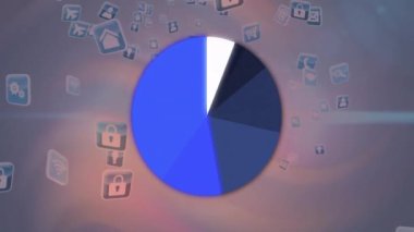 Gradyan arkaplanda çeşitli dijital simgeler üzerinde turta grafiği canlandırması. Veri, bilgi, teknoloji, ilerleme, iş, istatistik