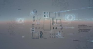 Fütürist şehir manzarası, teknoloji kavramı üzerinde dijital arayüzle veri analiz ediliyor. yenilik, analiz, şehir