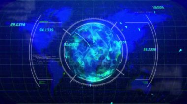 Dünya haritası üzerinde sayısal veri noktalarıyla küresel veri canlandırma animasyonu. Analizler, büyük veriler, teknoloji, ağ, istatistik, bilgi