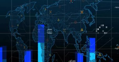 Veri noktaları ve grafikleri olan dünya haritası, küresel veri analizi animasyonu. analitik, görselleştirme, istatistik, teknoloji, bilgi, gezegen