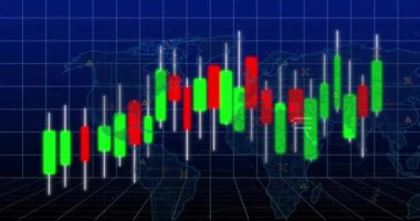 Dünya haritasının arka planında şamdan şeması ve finansal veri animasyonu. Maliye, borsa, ticaret, yatırım, ekonomi, küresel