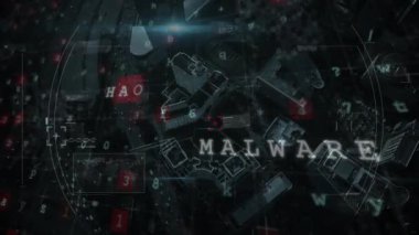 Sistem dijital kodlarla şehrin havadan görüntüsü üzerinden metin animasyonunu hackledi. Siber güvenlik, hackleme, veri sızıntısı, şehir manzarası, kentsel, teknoloji