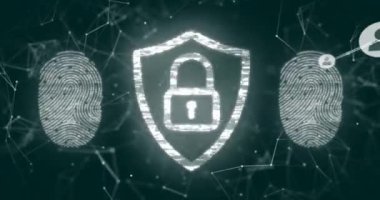 Ağ bağlantıları ve kullanıcı simgeleri üzerinde dijital güvenlik kilidi ve parmak izi animasyonu. Siber güvenlik, koruma, teknoloji, kimlik doğrulama, biyometrik, şifreleme