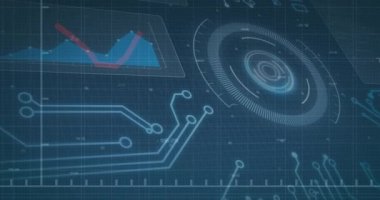 Mavi zemin üzerinde grafikler ve devre desenleri olan dijital veri işleme. Teknoloji, devre, fütüristik, analiz