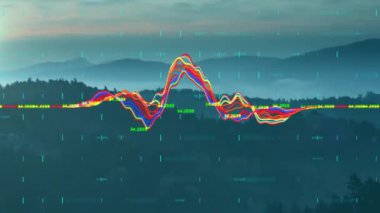 Dağ manzarası üzerinde finansal veri grafiği animasyonu. Finans, teknoloji, veri görselleştirme, dijital, ekonomi, analiz