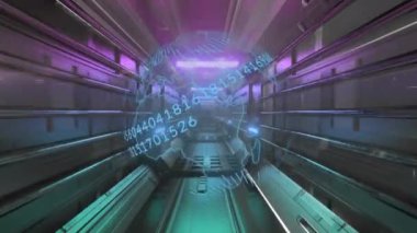 Fütürist koridorda dijital dünya ve ikili sayılar animasyonu. Teknoloji, yenilik, veri, sanal, siber uzay, ağ