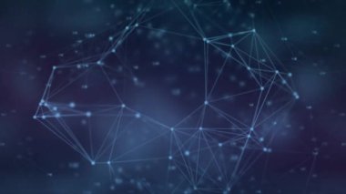 Mavi arkaplan üzerinde bağlantı ağı ve veri işleme animasyonu. Teknoloji, dijital, fütüristik, siber, iletişim, bilgi