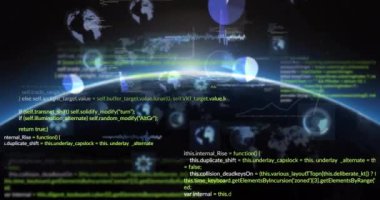 Kod ve veri işleme programları uzaydan Dünya üzerinde animasyon işliyor. Teknoloji, siber, dijital, küresel, geleceksel, kodlama