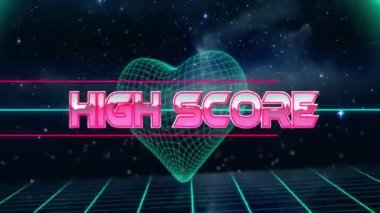 Neon kalp ve şebeke geçmişi üzerinde yüksek skorlu metin animasyonu. Retro, 80 'ler, dijital, oyun, oyun, piksel