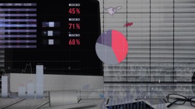 Turta grafiği ve dünya haritasıyla bilgisayar ekranında finansal veri analizi. Finans, analitik, istatistik, veri görselleştirme, teknoloji, iş