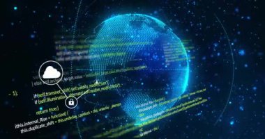 Dönen dünya ve ağ bağlantıları üzerinde dijital kod ve simgeler animasyonu. Teknoloji, siber güvenlik, veri, fütüristik, internet, iletişim