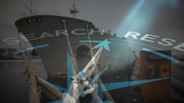 Limandaki limandaki gemi üzerinde pusula ve araştırma metinleri animasyonu. Navigasyon, denizcilik, keşif, macera, nakliye, kargo