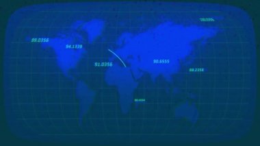 Dünya haritası üzerinde koordinatlarla küresel veri transferi animasyonu. Teknoloji, ağ, bağlantı, dijital, iletişim, internet