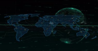 Dünya haritası üzerinde küresel ağ bağlantıları ve veri canlandırma animasyonu. Teknoloji, internet, dünya çapında, dijital, iletişim, haritalama kavramı