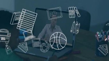 Dizüstü bilgisayarda öğretmenlik, eğitim araçları animasyon gösterildi. E-öğrenme, çevrimiçi eğitim, dijital öğrenme, uzaktan eğitim, sanal sınıf, uzaktan öğrenme