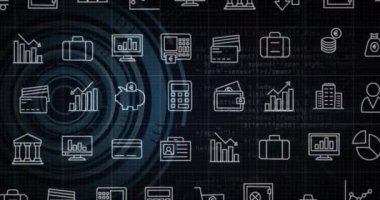 Finansal ve iş simgelerinin karanlık şebeke üzerinde dairesel şekillerle canlandırılması. Finans, animasyon, dijital, teknoloji, veri, tasarım kavramı