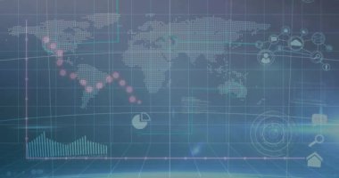 Dünya haritası ve grafikleri üzerinde küresel finansal veri analizi. Finans, analitik, ekonomik konsept