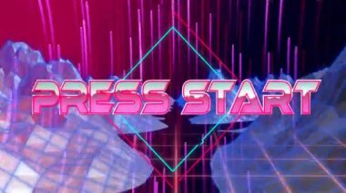 Neon ızgarası ve geometrik dağlar üzerine metin animasyonunu başlat tuşuna basın. Retro, 80 'ler, retrofuturism, synthwave, cyber, futuristik