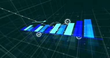 Çubuk çizelgesi ve veriler dijital şebeke üzerinde animasyonu gösteriyor. Analizler, veri görselleştirme, metrik, istatistik, yazılım, teknoloji konsepti