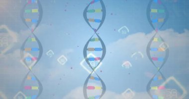 DNA iplikleri ve 5G sembolleri, bilimsel ve teknolojik kavramlar canlandırılıyor. Teknoloji, genetik, yenilik, bilim, biyoteknoloji, bağlantı konsepti
