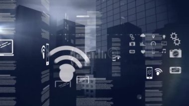 Şehir planında veri analizi animasyonunu temsil eden grafikler ve simgeler. teknoloji, bilgi grafikleri, istatistikler, görselleştirme, grafikler, fütüristik kavram