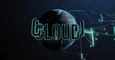 CLOUD metni ve dijital çizgileri olan dünya, veri işleme animasyonu. Teknoloji, ağ, küresel, bağlantı, bilgi, sanal konsept