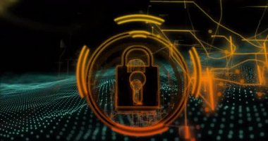 Dijital ağ ve veri noktaları üzerinde kilit ve anahtar sembolü animasyonu. Siber güvenlik, şifreleme, teknoloji, koruma, güvenlik, internet kavramı