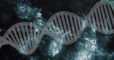 DNA ipliği ve yeşil parçacıklar, bilimsel veri işleme animasyonu. Genetik, biyoteknoloji, moleküler, biyoloji, araştırma, genom