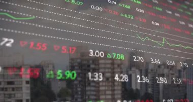 Şehrin arka planında binalar olan borsa veri animasyonu. Finans, yatırım, ticaret, ekonomi, iş, analitik kavram