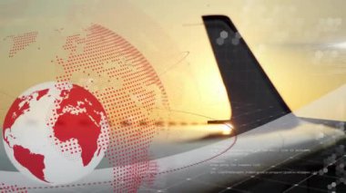Kırmızı dünya haritalı uçak kanadı ve veri canlandırma animasyonu. Havacılık, teknoloji, küresel, yenilik, seyahat kavramı