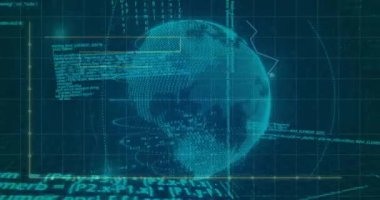 İkili kodlu dijital küre ve mavi arkaplan üzerinde veri işleme animasyonu. Teknoloji, ağ, fütürist, siber konsept