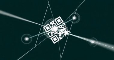 QR kodu ve ağ bağlantıları koyu yeşil arkaplan üzerinde animasyon. Teknoloji, dijital, veri, siber güvenlik, bilgi, tarama kavramı