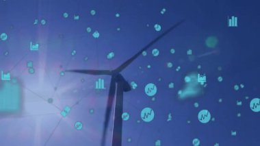 Enerji üreten, mavi arka planda finansal veri işleme animasyonu olan rüzgar türbini. Yenilenebilir, rüzgar gücü, yeşil enerji, sürdürülebilirlik, veri analizi, yenilik kavramı