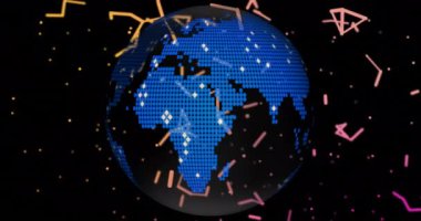 Siyah arkaplan üzerinde ağ bağlantıları olan dijital bir küre. Teknoloji, fütürist, siber, veri, küresel, İnternet