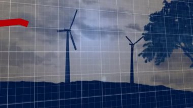 Rüzgar türbinleri ve şebeke arka planındaki ağaçlar üzerinde kırmızı renk azalan grafik animasyonu. Yenilenebilir enerji, sürdürülebilirlik, çevre, iklim değişikliği, rüzgar enerjisi kavramı