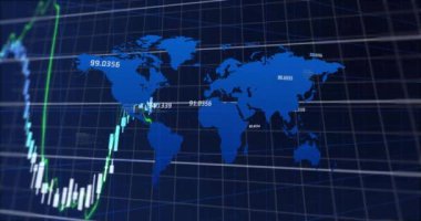Finansal veriler ve borsa eğilimleri dünya haritası üzerinde animasyon. Maliye, küresel, ekonomi, yatırım, ticaret, analitik