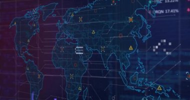 Veri noktaları ve grafikleri olan dünya haritası, küresel veri analizi animasyonu. Analiz, istatistik, bilgi, görselleştirme, teknoloji, ağ