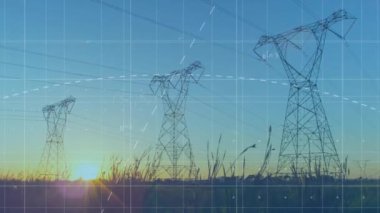 Matematiksel denklemler ve formüller gün batımında elektrik hatları üzerinde hareketlenir. Matematik, elektrik, teknoloji, mühendislik, yenilik, enerji