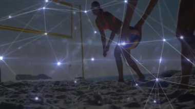 Plaj voleybolu oynamak, ağ bağlantıları üzerinden güneş gözlüğü takanlar animasyon yapıyor. Spor, oyuncular, takım, yarışma, açık hava, eğlence