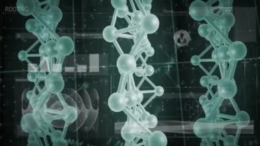 DNA molekülleri ve veri tabloları bilimsel araştırma geçmişi üzerinde animasyon çizelgesi oluşturur. Bilim, teknoloji, analiz, genetik, biyoloji, laboratuvar kavramı