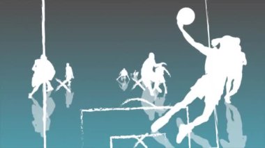 Mavi arka plandaki oyuncuların siluetleri üzerine futbol stratejisi animasyonu. Taktikler, spor, takım çalışması