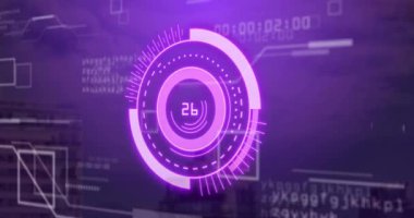 Dönen elementler ve numaralar devre arkaplanı üzerinde animasyon, fütürist dijital arayüz. Teknoloji, rotasyon