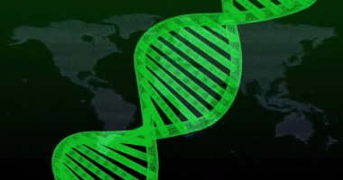 Dünya haritasının arka planında yeşil DNA ipliği animasyonu. Biyoteknoloji, genetik, bilim, küresel, araştırma, teknoloji konsepti