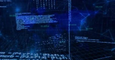 Mavi soyut arkaplan üzerinde dijital kod ve veri işleme animasyonu. Teknoloji, kodlama, siber uzay, fütürist