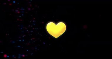 Koyu arkaplanda renkli parçacıklar olan sarı kalp animasyonu. Aşk, romantizm, parıltı, kutlama, ışıltı, sevgililer günü